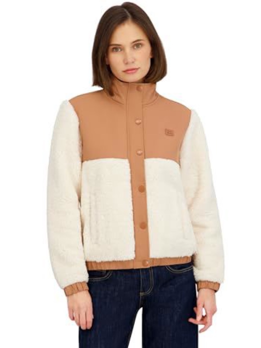 Billabong Large Brown Tan Sherpa Mixed Nylon Panel Jacket